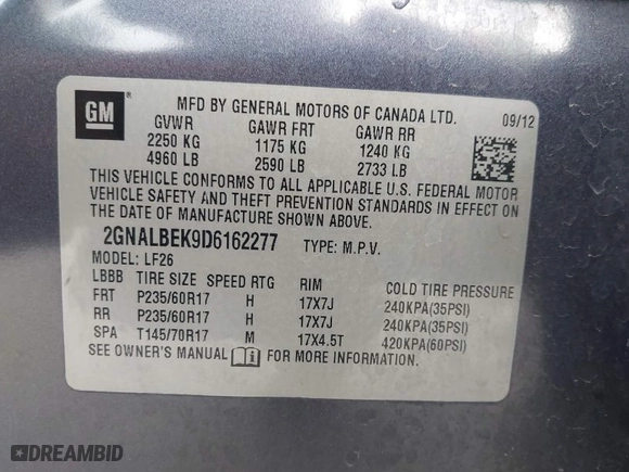 2013 Chevrolet Equinox LS with VIN 2GNALBEK9D6162277, listed as a IAAI auction lot 41801642 with 113,451 mi miles. Bid and sale history available at carsss.com. Image 9.