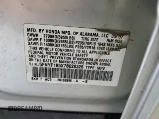 2007 Honda Pilot EX-L с VIN 5FNYF185X7B028326, выставлен на аукционе Copart как лот 62481655 с пробегом Не указан миль и Чистый • Clean title. История ставок и продаж доступна на DreamBid. Изображение 13.