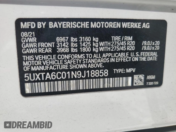 2022 BMW X5 xDrive45e with VIN 5UXTA6C01N9J18858, listed as a Copart auction lot 52768505 with 45,344 mi miles and Non Repairable. Bid and sale history available at DreamBid. Image 12.
