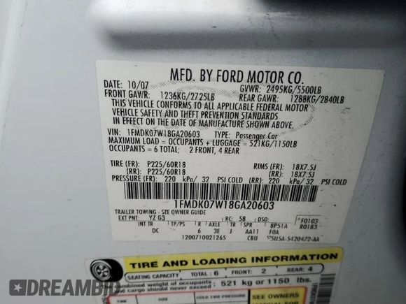 2008 Ford Taurus X Eddie Bauer z VIN 1FMDK07W18GA20603, wystawiony jako Copart lot #46578745 z przebiegiem Nie podano mil oraz Szkoda całkowita • Salvage title. Historia ofert i sprzedaży dostępna na DreamBid. Obrazek 13.