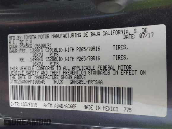 2017 Toyota Tacoma SR5 with VIN 3TMCZ5ANXHM100545, listed as a IAAI auction lot 41885721 with 108,565 mi miles. Bid and sale history available at carsss.com. Image 9.