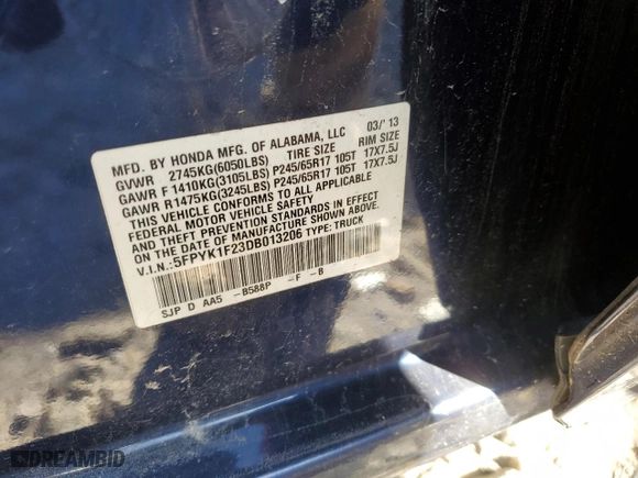 2013 Honda Ridgeline RT with VIN 5FPYK1F23DB013206, listed as a Copart auction lot 81290624 with 75,686 mi miles and Salvage Title. Bid and sale history available at carsss.com. Image 14.