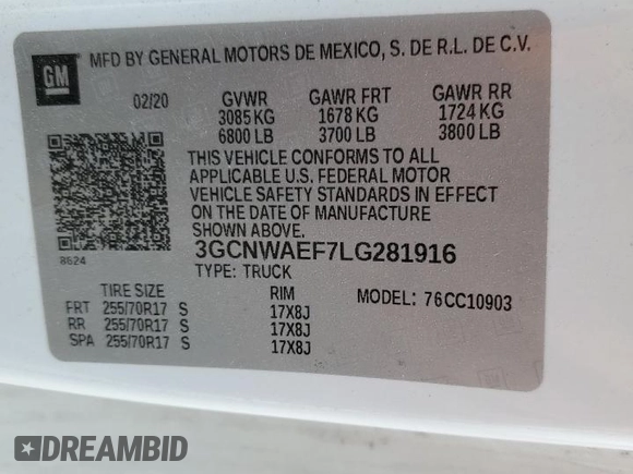 2020 Chevrolet Silverado 1500 Work Truck with VIN 3GCNWAEF7LG281916, listed as a Copart auction lot 44755725 with 128,304 mi miles and Salvage Title. Bid and sale history available at DreamBid. Image 12.