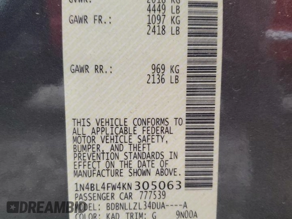 2019 Nissan Altima 2.5 Platinum with VIN 1N4BL4FW4KN305063, listed as a Copart auction lot 80710064 with 75,800 mi miles and Salvage Title. Bid and sale history available at carsss.com. Image 13.