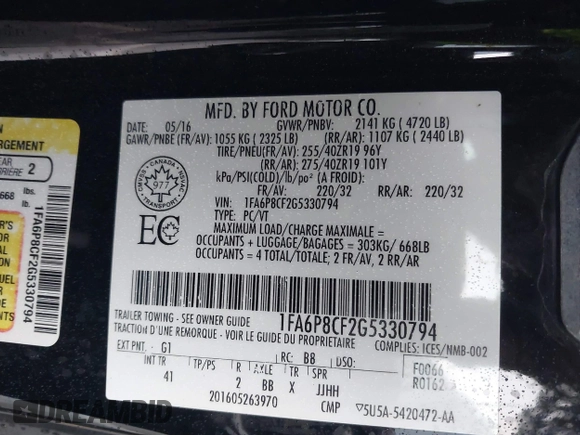 2016 Ford Mustang GT with VIN 1FA6P8CF2G5330794, listed as a IAAI auction lot 41476766 with 19,830 mi miles. Bid and sale history available at carsss.com. Image 9.