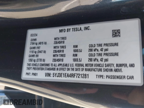 2024 Tesla Model 3 z VIN 5YJ3E1EA4RF721281, wystawiony jako IAAI lot #42238541 z przebiegiem 28 679 mil mil oraz . Historia ofert i sprzedaży dostępna na DreamBid. Obrazek 9.