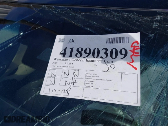 2019 Lexus ES with VIN 58ABZ1B15KU025163, listed as a IAAI auction lot 41890309 with 1 mi miles. Bid and sale history available at carsss.com. Image 16.