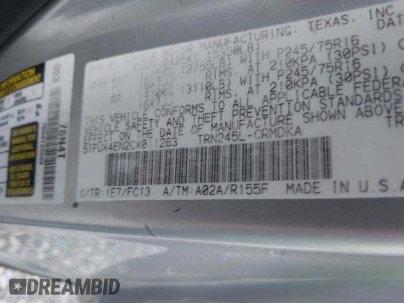 2012 Toyota Tacoma with VIN 5TFUX4EN2CX011263, listed as a IAAI auction lot 42670078 with 164,922 mi miles and . Bid and sale history available at DreamBid. Image 9.