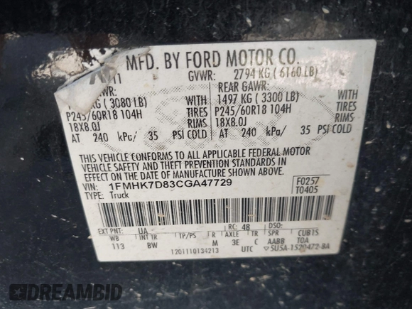 2012 Ford Explorer XLT with VIN 1FMHK7D83CGA47729, listed as a IAAI auction lot 42219142 with 362,678 mi miles and . Bid and sale history available at DreamBid. Image 9.