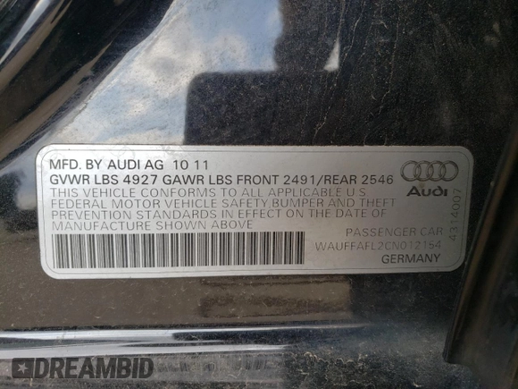 2012 Audi A4 Premium Plus z VIN WAUFFAFL2CN012154, wystawiony jako Copart lot #53748925 z przebiegiem 35 631 mil mil oraz Szkoda całkowita • Salvage title. Historia ofert i sprzedaży dostępna na DreamBid. Obrazek 12.
