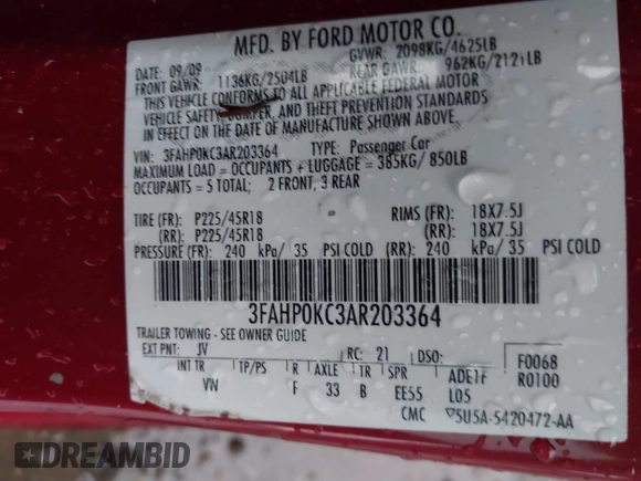 2010 Ford Fusion SPORT with VIN 3FAHP0KC3AR203364, listed as a IAAI auction lot 41734918 with 130,240 mi miles. Bid and sale history available at carsss.com. Image 9.