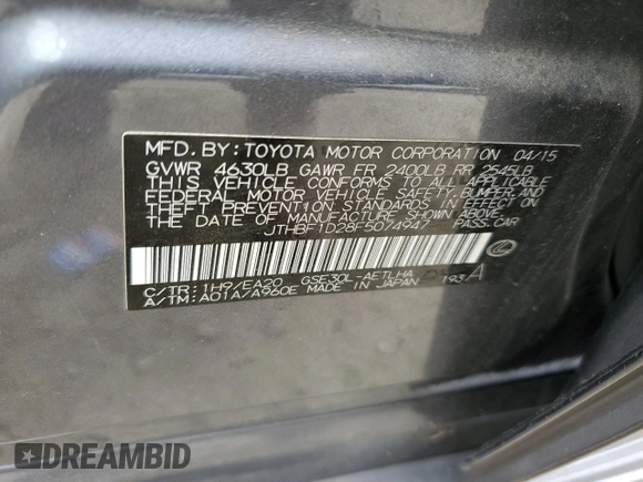 2015 Lexus IS 250 with VIN JTHBF1D28F5074947, listed as a Copart auction lot 59385245 with 120,918 mi miles and Salvage title. Bid and sale history available at DreamBid. Image 12.