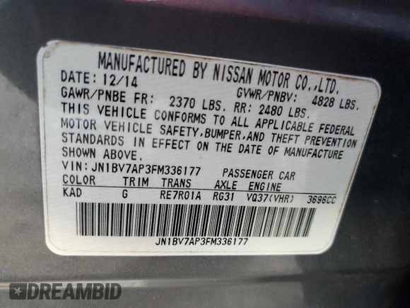 2015 Infiniti Q50 Premium with VIN JN1BV7AP3FM336177, listed as a Copart auction lot 50876135 with 102,126 mi miles and Non Repairable. Bid and sale history available at carsss.com. Image 12.