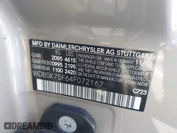 2004 Mercedes-Benz SL 500 with VIN WDBSK75F64F072167, listed as a IAAI auction lot 41862494 with 68,025 mi miles and . Bid and sale history available at DreamBid. Image 9.