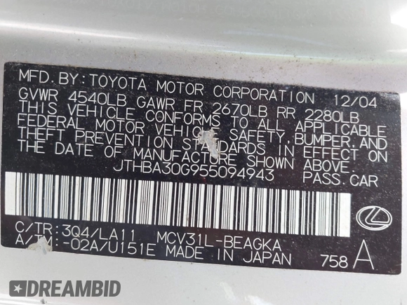 2005 Lexus ES 350 с VIN JTHBA30G955094943, выставлен на аукционе IAAI как лот 42701969 с пробегом 115 589 миль миль и . История ставок и продаж доступна на DreamBid. Изображение 9.
