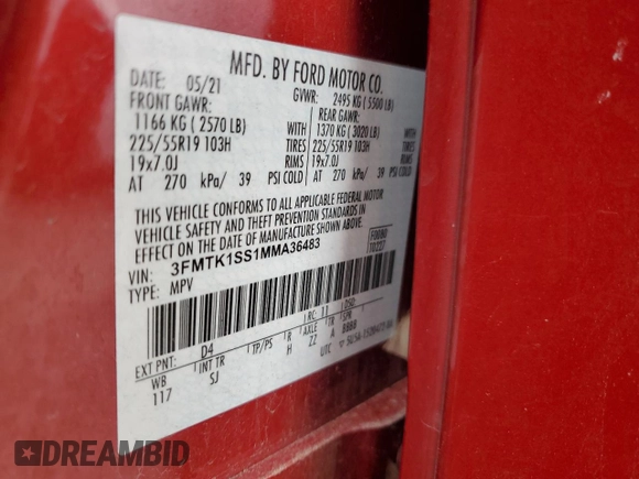 2021 Ford Mustang Mach-E Select with VIN 3FMTK1SS1MMA36483, listed as a Copart auction lot 44594675 with 43,297 mi miles and Salvage Title. Bid and sale history available at DreamBid. Image 13.