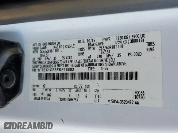 2015 Ford F-150 XL with VIN 1FTEX1CF3FKF18883, listed as a Copart auction lot 47052425 with 177,823 mi miles and Salvage Title. Bid and sale history available at carsss.com. Image 12.