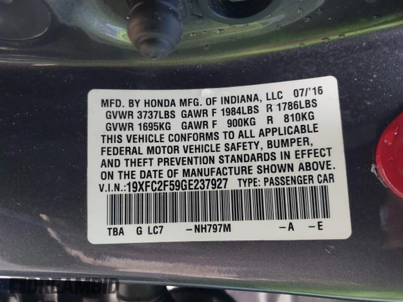 2016 Honda Civic Sedan LX with VIN 19XFC2F59GE237927, listed as a IAAI auction lot 41096597 with 86,658 mi miles. Bid and sale history available at carsss.com. Image 9.