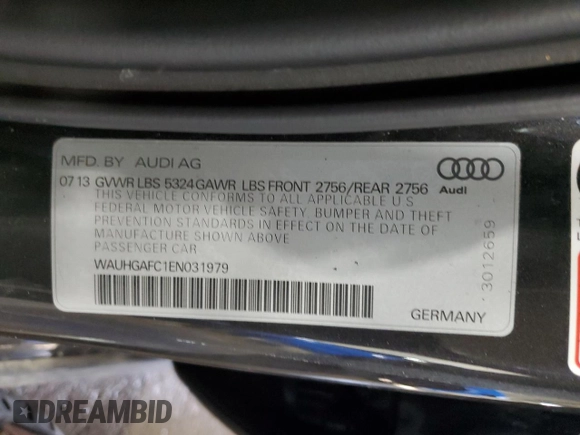 2014 Audi A6 3.0T Prestige with VIN WAUHGAFC1EN031979, listed as a Copart auction lot 48577955 with 0 mi miles and Non Repairable. Bid and sale history available at carsss.com. Image 12.