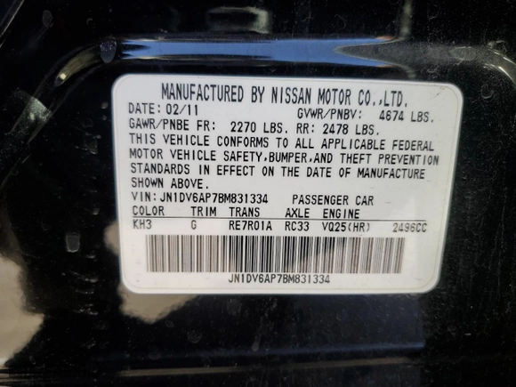 2011 Infiniti G25 Sedan Journey with VIN JN1DV6AP7BM831334, listed as a Copart auction lot 88936165 with 88,728 mi miles and Salvage Title. Bid and sale history available at carsss.com. Image 12.