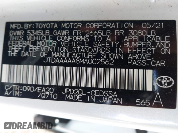 2021 Toyota Mirai XLE with VIN JTDAAAAA8MA002562, listed as a IAAI auction lot 41783479 with 24,821 mi miles and . Bid and sale history available at carsss.com. Image 9.