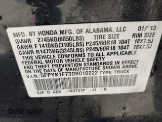 2013 Honda Ridgeline Sport z VIN 5FPYK1F73DB010222, wystawiony jako IAAI lot #42296796 z przebiegiem 179 476 mil mil oraz . Historia ofert i sprzedaży dostępna na DreamBid. Obrazek 9.