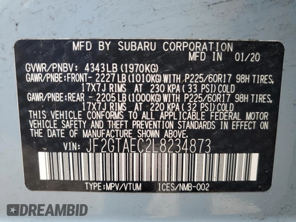 2020 Subaru Crosstrek Premium z VIN JF2GTAEC2L8234873, wystawiony jako Copart lot #58256955 z przebiegiem 77 650 mil mil oraz Szkoda całkowita • Salvage title. Historia ofert i sprzedaży dostępna na DreamBid. Obrazek 13.