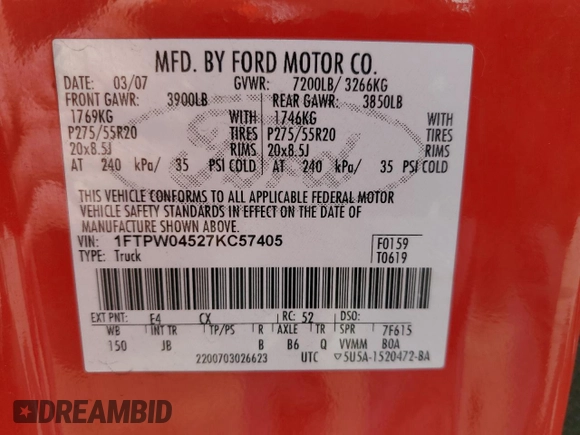 2007 Ford F-150 XLT with VIN 1FTPW04527KC57405, listed as a Copart auction lot 72445034 with 148,852 mi miles and Salvage title. Bid and sale history available at DreamBid. Image 12.