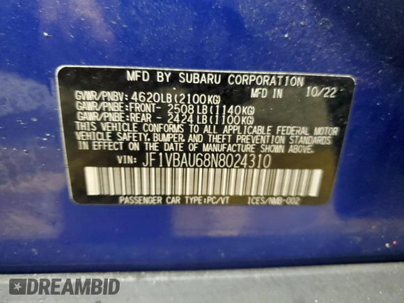 2022 Subaru WRX GT with VIN JF1VBAU68N8024310, listed as a Copart auction lot 52192135 with 45,240 mi miles and Salvage title. Bid and sale history available at DreamBid. Image 13.