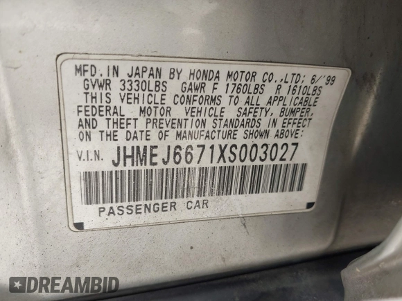 1999 Honda Civic LX with VIN JHMEJ6671XS003027, listed as a IAAI auction lot 41825146 with 197,764 mi miles and . Bid and sale history available at DreamBid. Image 9.