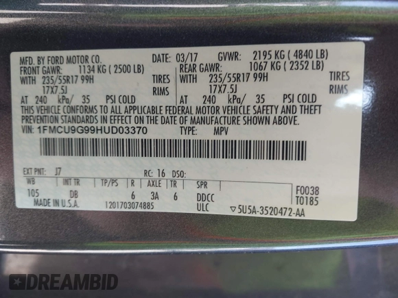 2017 Ford Escape SE with VIN 1FMCU9G99HUD03370, listed as a IAAI auction lot 41700809 with 136,575 mi miles. Bid and sale history available at carsss.com. Image 9.