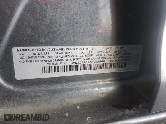 2010 Volkswagen Jetta S with VIN 3VWJZ7AJ9AM052569, listed as a Copart auction lot 59016965 with 166,950 mi miles and Salvage title. Bid and sale history available at DreamBid. Image 12.