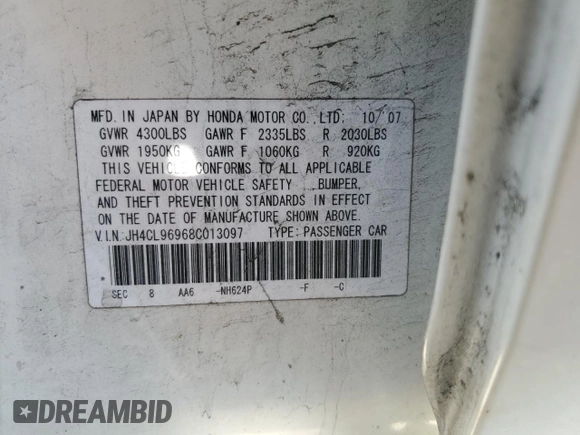 2008 Acura TSX Nav with VIN JH4CL96968C013097, listed as a Copart auction lot 53933025 with Not Provided miles and Salvage Title. Bid and sale history available at DreamBid. Image 13.