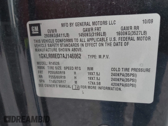 2010 GMC Acadia SLT1 with VIN 1GKLRMED7AJ146062, listed as a IAAI auction lot 42421894 with 183,835 mi miles and . Bid and sale history available at DreamBid. Image 9.