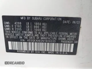 2022 Subaru Impreza with VIN 4S3GKAA62N1609335, listed as a IAAI auction lot 41090418 with 33,985 mi miles and . Bid and sale history available at DreamBid. Image 9.