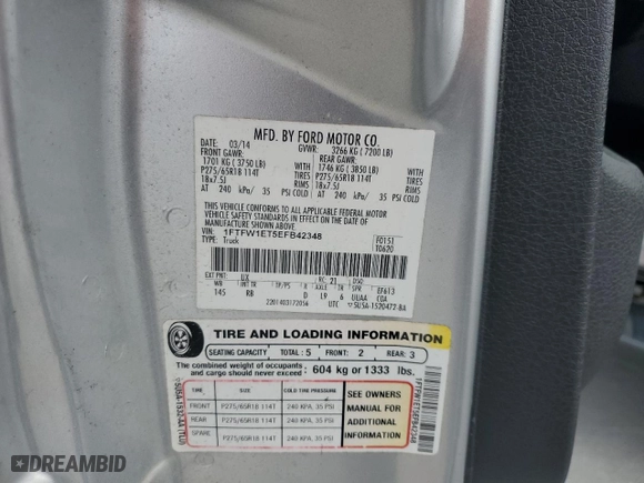 2014 Ford F-150 XL with VIN 1FTFW1ET5EFB42348, listed as a Copart auction lot 51623435 with 156,254 mi miles and Salvage Title. Bid and sale history available at carsss.com. Image 12.