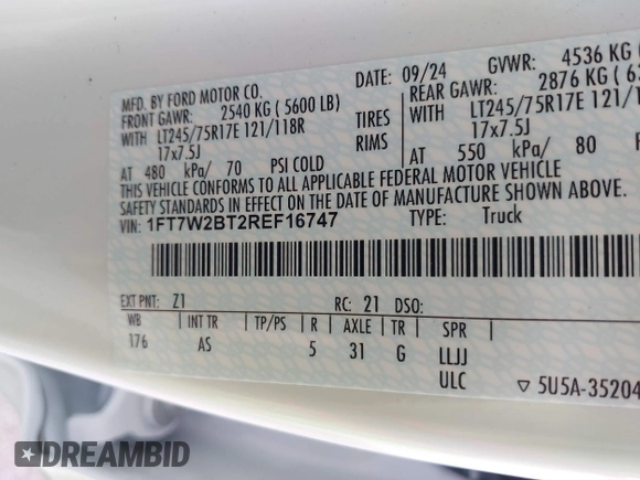 2024 Ford F-250 XL with VIN 1FT7W2BT2REF16747, listed as a IAAI auction lot 41321209 with 10,840 mi miles and . Bid and sale history available at DreamBid. Image 9.