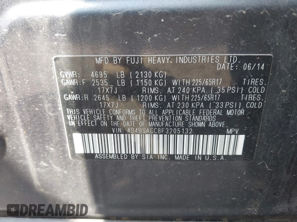 2015 Subaru Outback Premium with VIN 4S4BSACC8F3205132, listed as a IAAI auction lot 42034964 with Not Provided miles and . Bid and sale history available at DreamBid. Image 9.