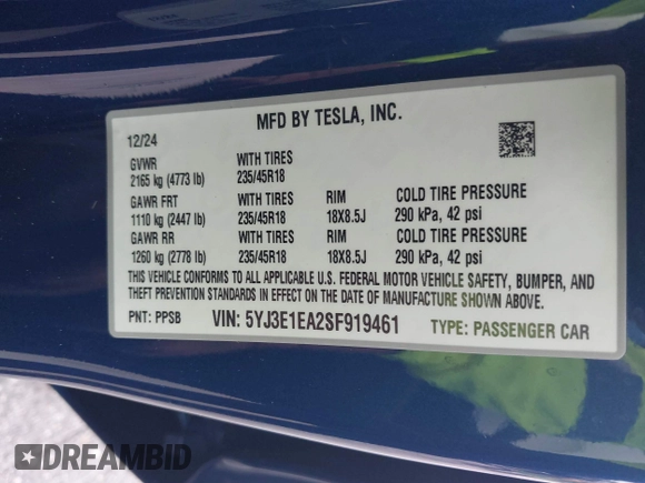 2025 Tesla Model 3 Long Range with VIN 5YJ3E1EA2SF919461, listed as a IAAI auction lot 41672494 with 777 mi miles and . Bid and sale history available at DreamBid. Image 9.