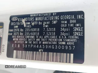 2017 Kia Sorento EX with VIN 5XYPH4A59HG300957, listed as a IAAI auction lot 42215684 with 220,309 mi miles and . Bid and sale history available at DreamBid. Image 9.