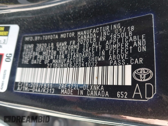 2018 Toyota Corolla L with VIN 2T1BURHE6JC041032, listed as a IAAI auction lot 42387981 with 48,094 mi miles and . Bid and sale history available at DreamBid. Image 9.
