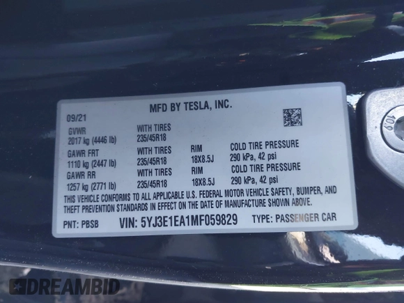 2021 Tesla Model 3 Standard Range Plus z VIN 5YJ3E1EA1MF059829, wystawiony jako IAAI lot #41700782 z przebiegiem 36 813 mil mil oraz . Historia ofert i sprzedaży dostępna na DreamBid. Obrazek 9.
