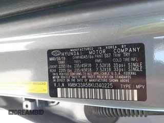 2019 Hyundai Kona Limited with VIN KM8K33A58KU340225, listed as a IAAI auction lot 41790438 with 53,965 mi miles. Bid and sale history available at carsss.com. Image 9.