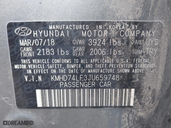 2018 Hyundai Elantra SE with VIN KMHD74LF3JU659748, listed as a IAAI auction lot 41971050 with 124,851 mi miles. Bid and sale history available at carsss.com. Image 9.