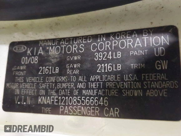 2008 Kia Spectra SX with VIN KNAFE121085566646, listed as a IAAI auction lot 41982332 with 67,270 mi miles. Bid and sale history available at carsss.com. Image 9.