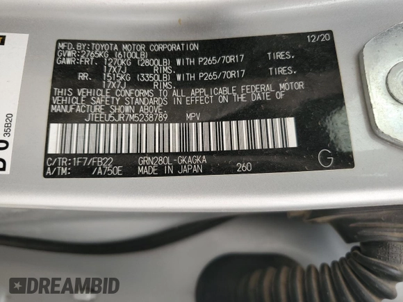 2021 Toyota 4Runner SR5 with VIN JTEEU5JR7M5238789, listed as a Copart auction lot 56677715 with 105,390 mi miles and Salvage title. Bid and sale history available at DreamBid. Image 13.