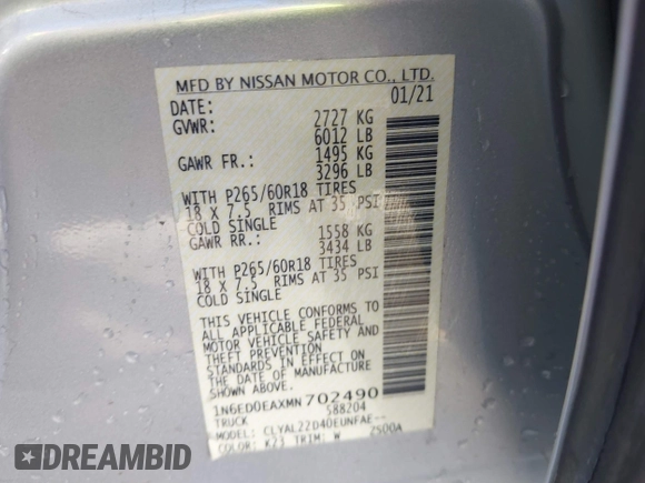 2021 Nissan Frontier SV z VIN 1N6ED0EAXMN702490, wystawiony jako IAAI lot #41768819 z przebiegiem 37 511 mil mil oraz . Historia ofert i sprzedaży dostępna na DreamBid. Obrazek 9.