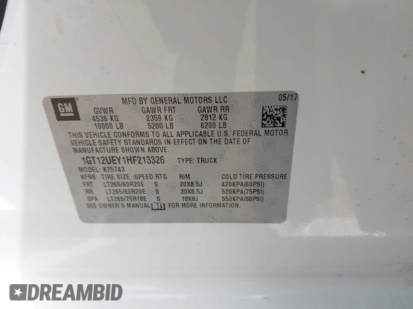 2017 GMC Sierra 2500HD Denali with VIN 1GT12UEY1HF213326, listed as a IAAI auction lot 41807632 with 224,620 mi miles and . Bid and sale history available at DreamBid. Image 9.