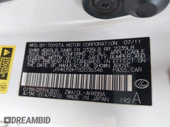 2011 Lexus CT 200h with VIN JTHKD5BH1B2036346, listed as a IAAI auction lot 41863701 with 214,254 mi miles and . Bid and sale history available at DreamBid. Image 9.