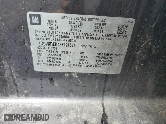 2015 Chevrolet Silverado 1500 LT with VIN 1GCVKREH4FZ197651, listed as a Copart auction lot 55634725 with Not Provided miles and Salvage Title. Bid and sale history available at DreamBid. Image 12.